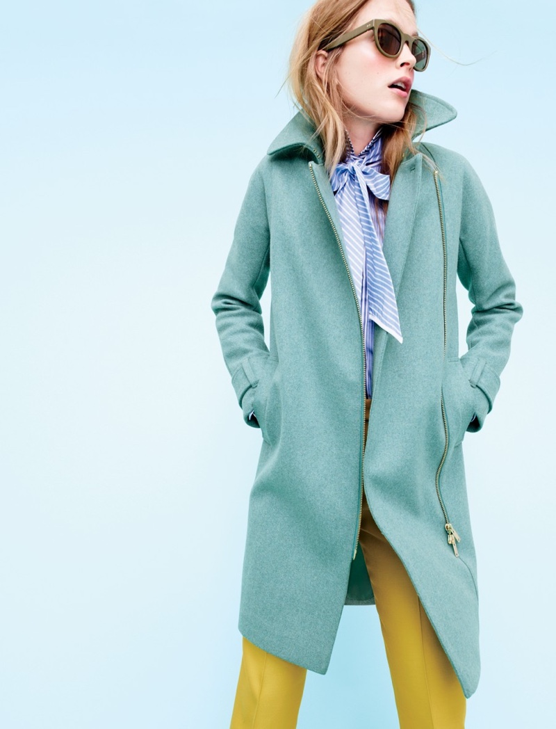 J. Crew Belted Zip Trench Coat in Wool Melton, Collection Thomas Mason for J. Crew Cocktail Shirt, Collection Cropped Pant with Patch Pockets in Golden Chartreuse and Sam Sunglasses in Olive
