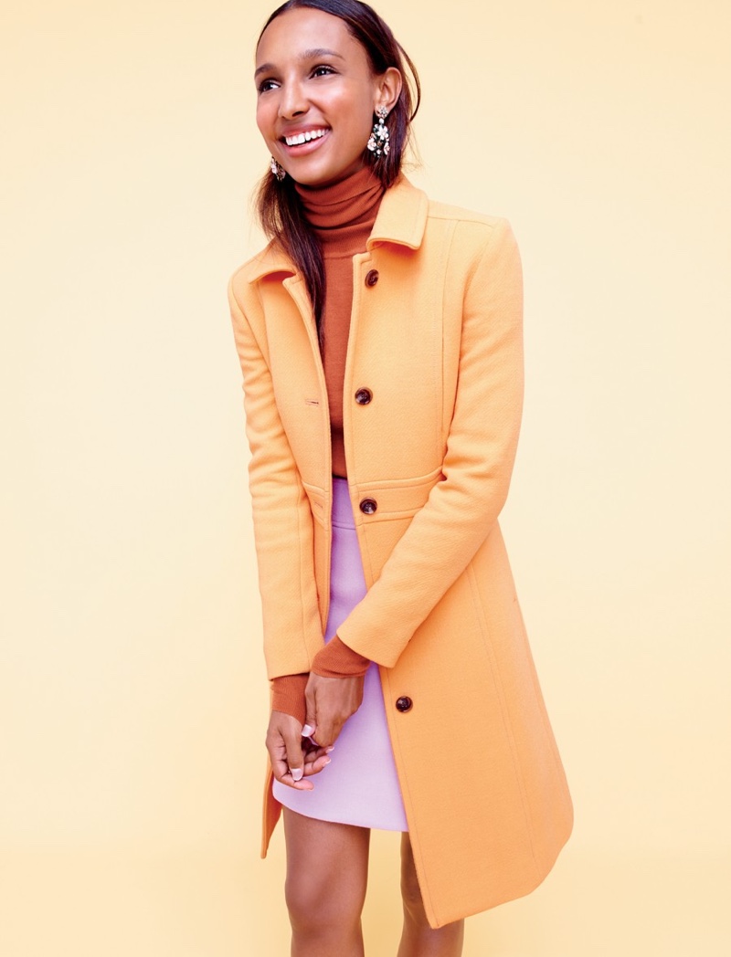 J. Crew Double-Cloth Lady Day Coat with Thinsulate in Pale Peach, Italian Featherweight Cashmere Turtleneck, Mini Skirt in Double-Serge Wool in Lilac and Floral Chandelier Earrings
