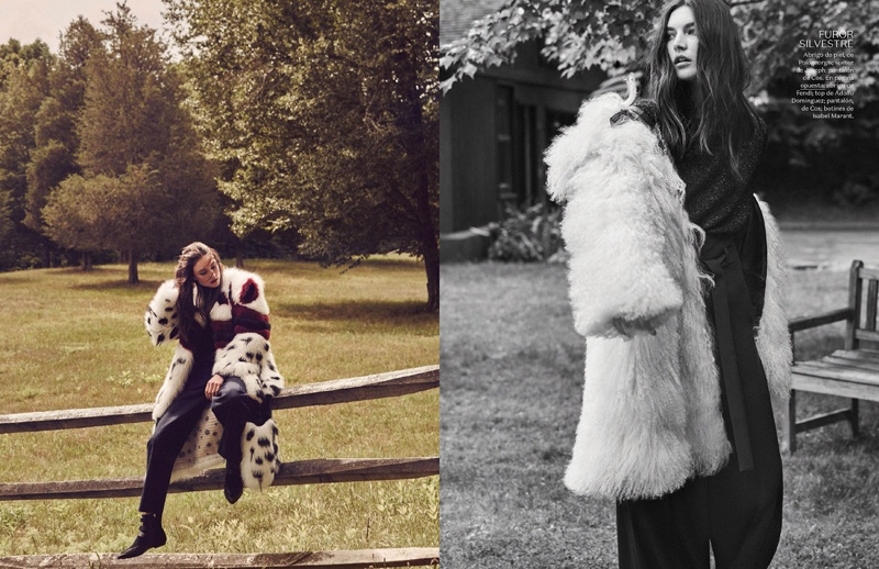 Photographed by An Le, Jacquelyn Jablonski poses in fur coats