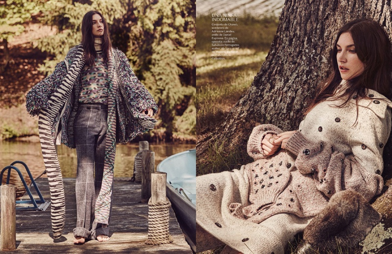 Embracing the outdoors, Jacquelyn Jablonski wears Missoni and Salvatore Ferragamo knitwear (left) with Chanel sweater (right)