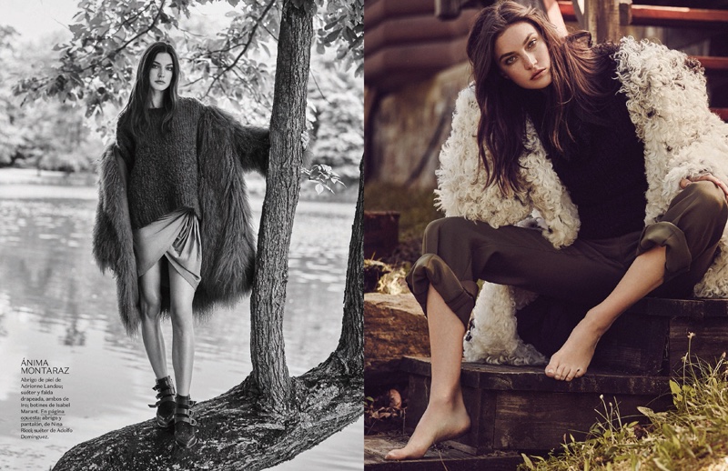 (Left) Jacquelyn Jablonski models Isabel Marant fur jacket (Right) The model wears Nina Ricci jacket and pants with Adolfo Dominguez sweater