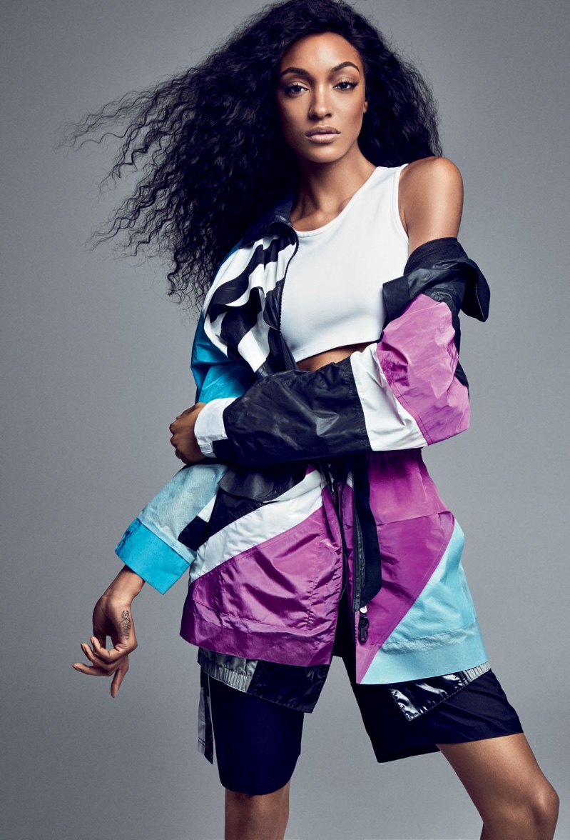 Jourdan Dunn models Louis Vuitton colorblocked windbreaker jacket