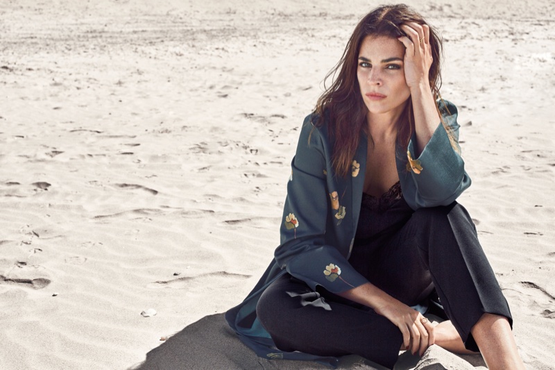 Model Julia Restoin Roitfeld poses at the beach for Mango Journeys campaign