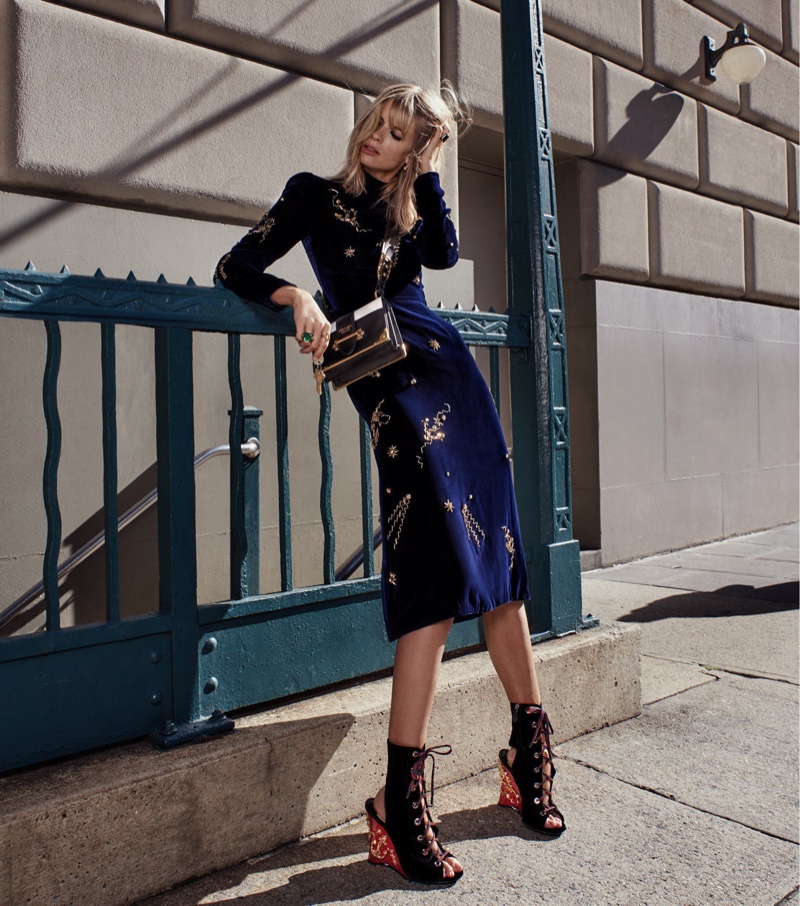 Hitting the sidewalks, Julia models Prada velvet dress, lace-up shoes and bag