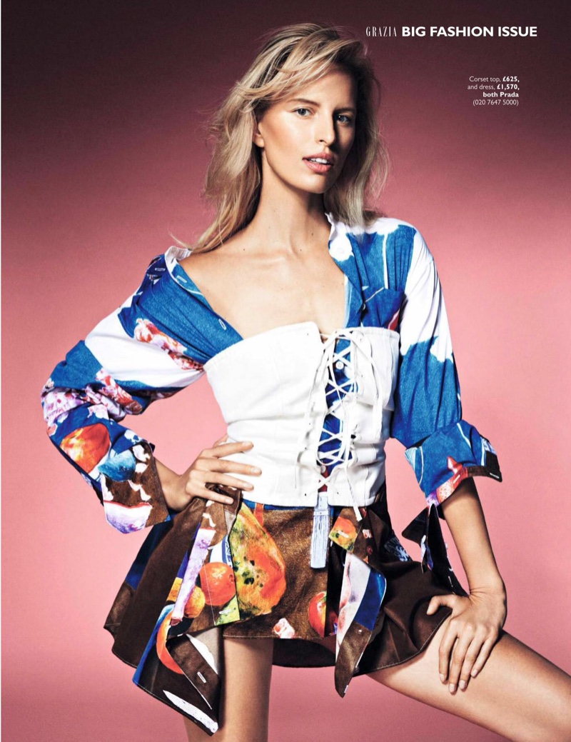 Karolina Kurkova models Prada corset and dress