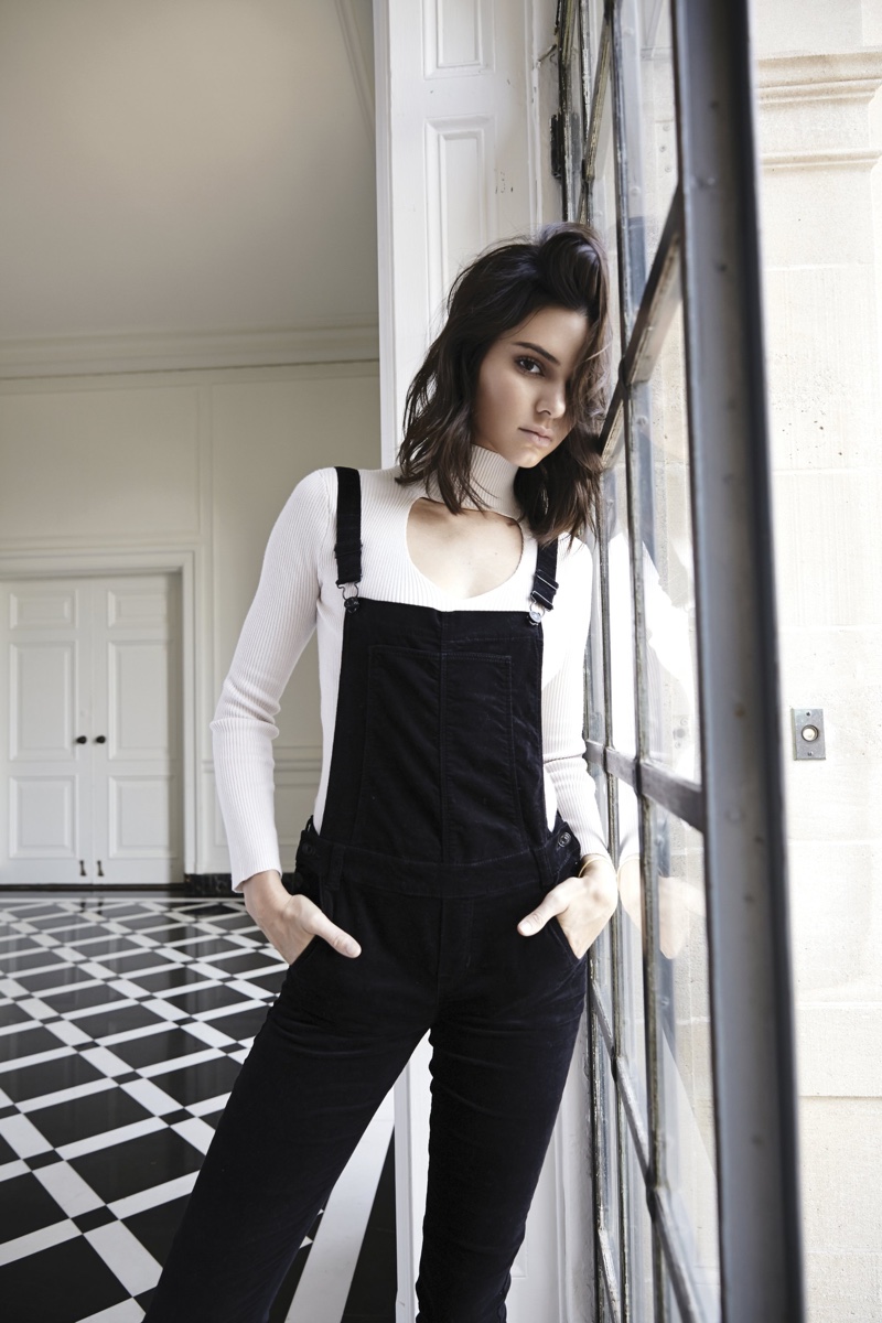 Kendall Jenner wears Kendall & Kylie Skinny Overalls