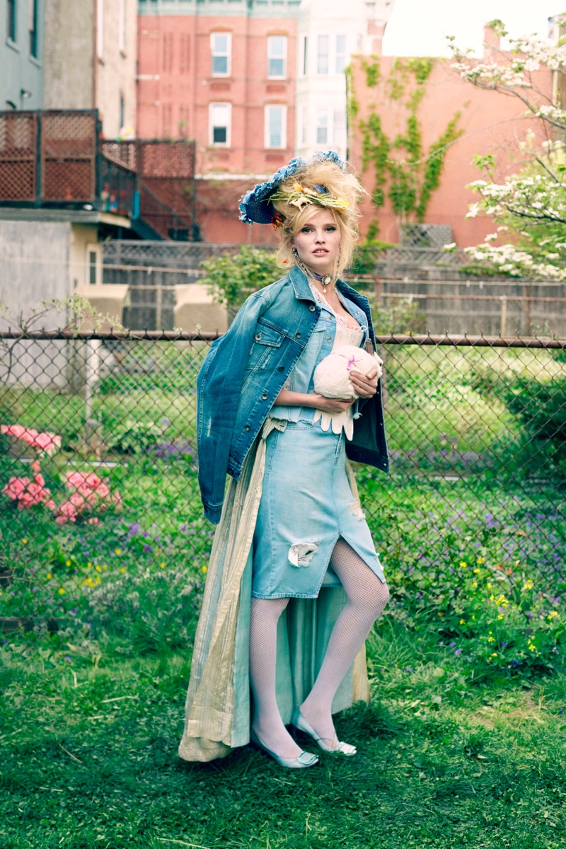 Lara Stone channels Marie Antoinette in denim looks