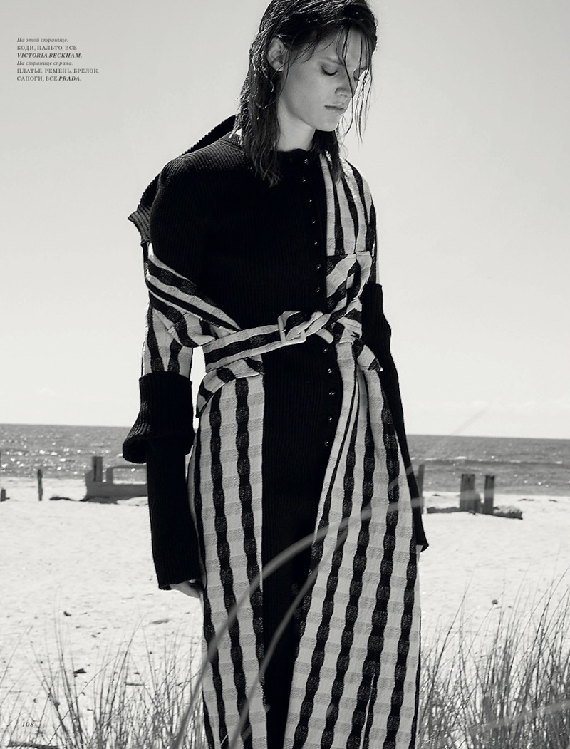 Model Leila Goldkuhl wears Victoria Beckham bodysuit and coat