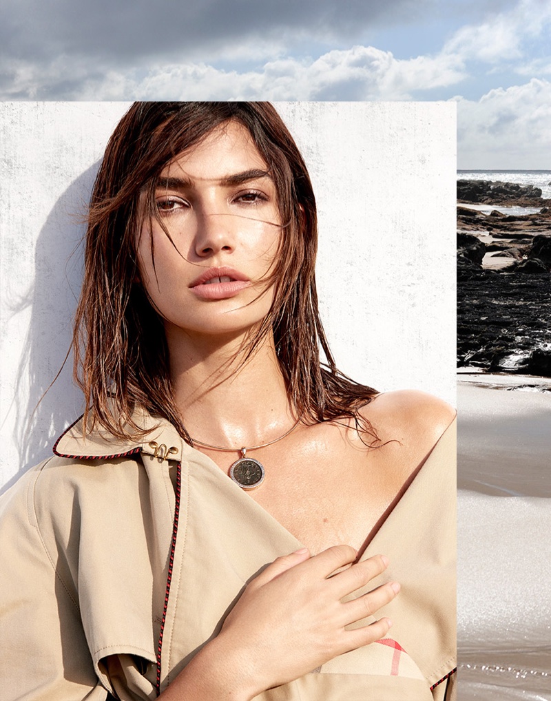 Model Lily Aldridge gets her closeup in a Bulgari necklace and Burberry coat