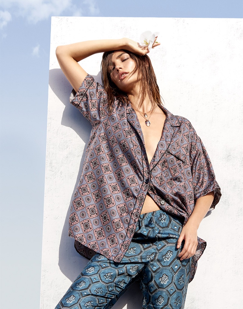 Model Lily Aldridge poses in pajama inspired separates from Burberry