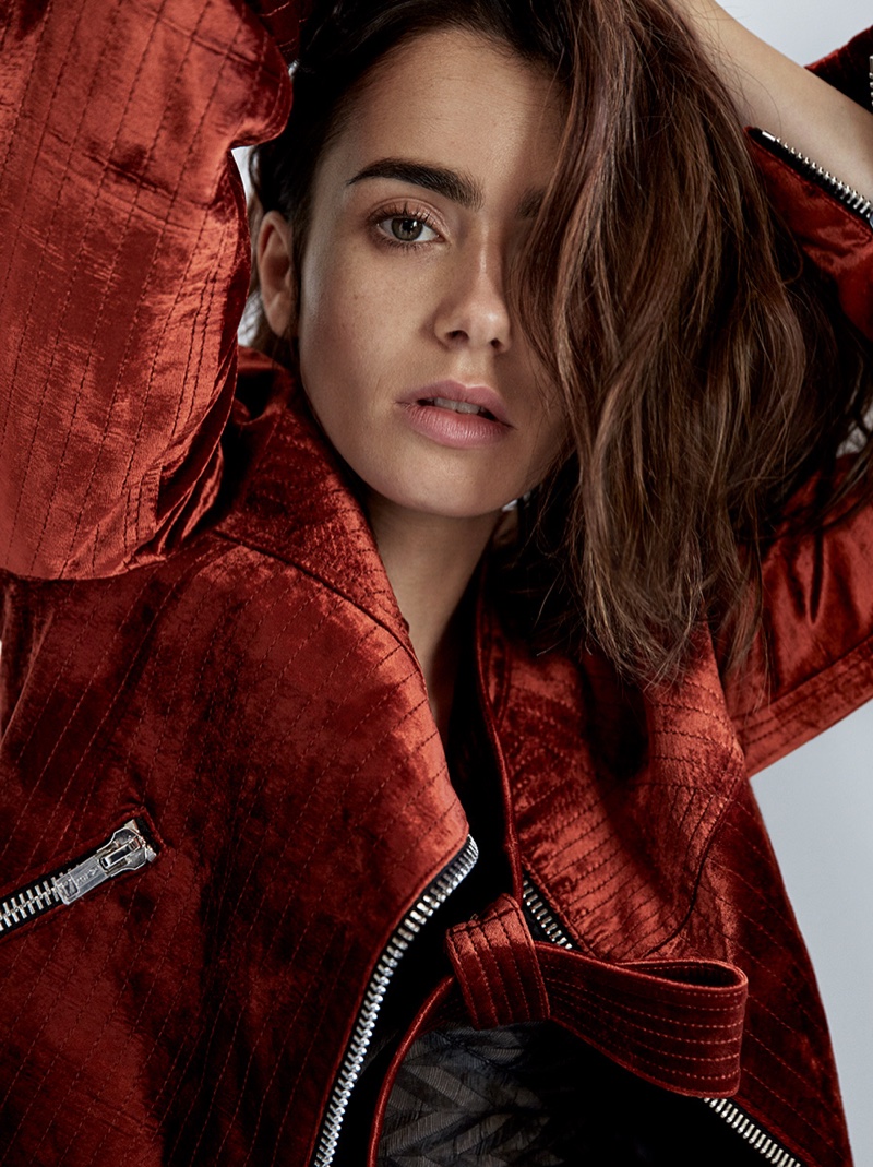 Getting her closeup, Lily Collins wears 3.1 Phillip Lim motorcycle jacket