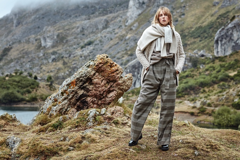 Edie Campbell poses in Asturias' Lago del Valle for Mango's November 2016 campaign