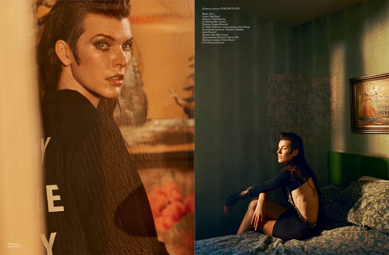 (Left) Milla Jovovich models DKNY jacket (Right) Sitting on a bed, Milla Jovovich wears Philipp Plein dress