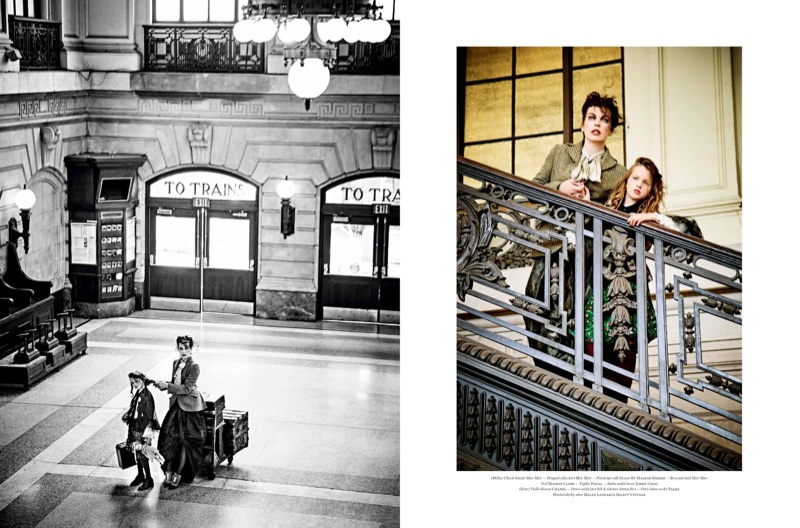 Milla Jovovich and Ever Gabo pose at a train station for the fashion spread