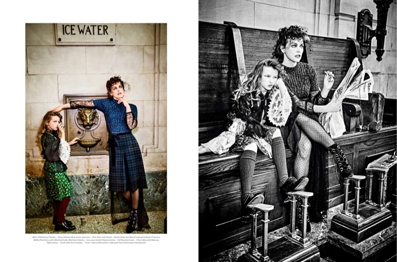 Ever poses in Chanel blouse, Anna Sui dress and Malin Landaeus shoes. Milla wears plaid dress over Agent Provocateur gown