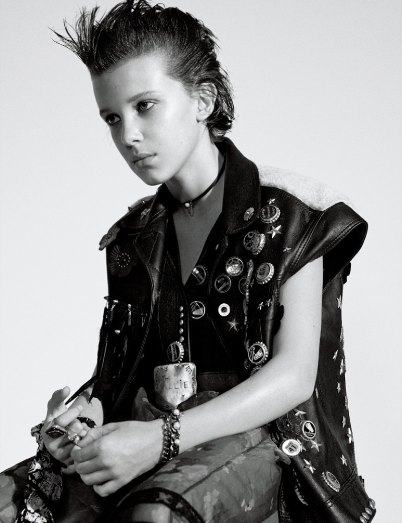 Clad in leather, Millie Bobby Brown wears a look from Coach