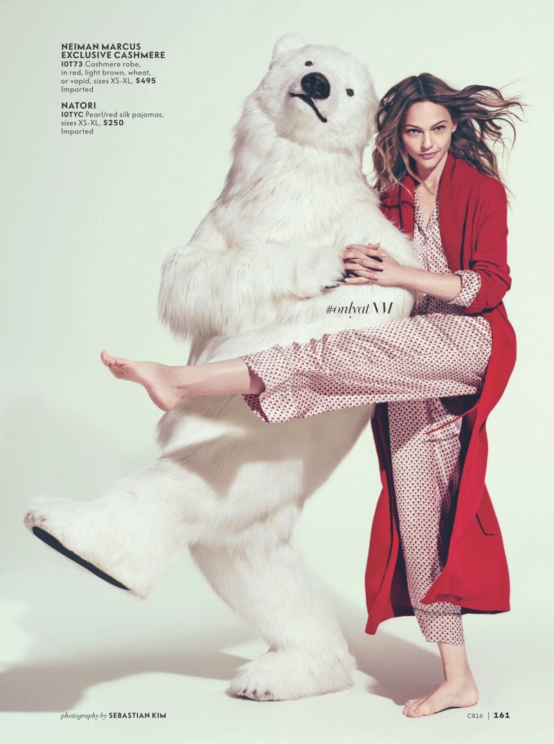 Sasha Pivovarova kicks up her heels in Neiman Marcus Cashmere Robe and Natori Silk Pajamas