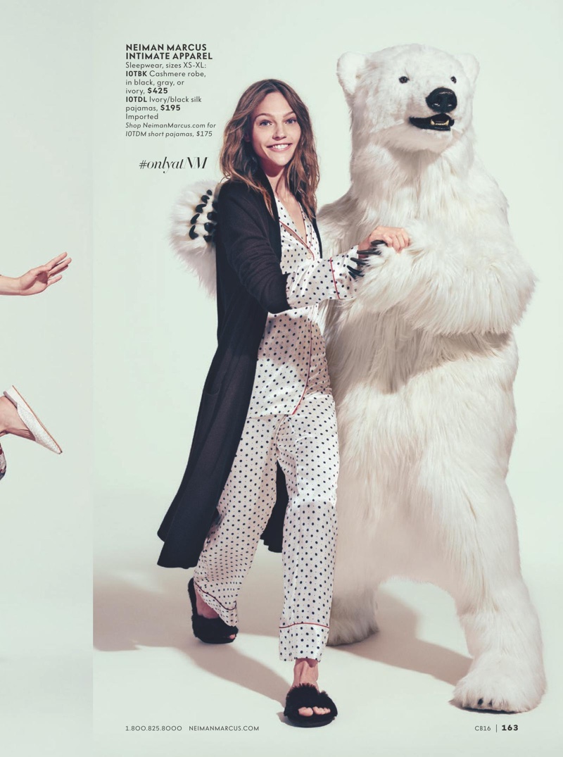 Sasha Pivovarova models Neiman Marcus Intimate Apparel cashmere robe and silk pajamas