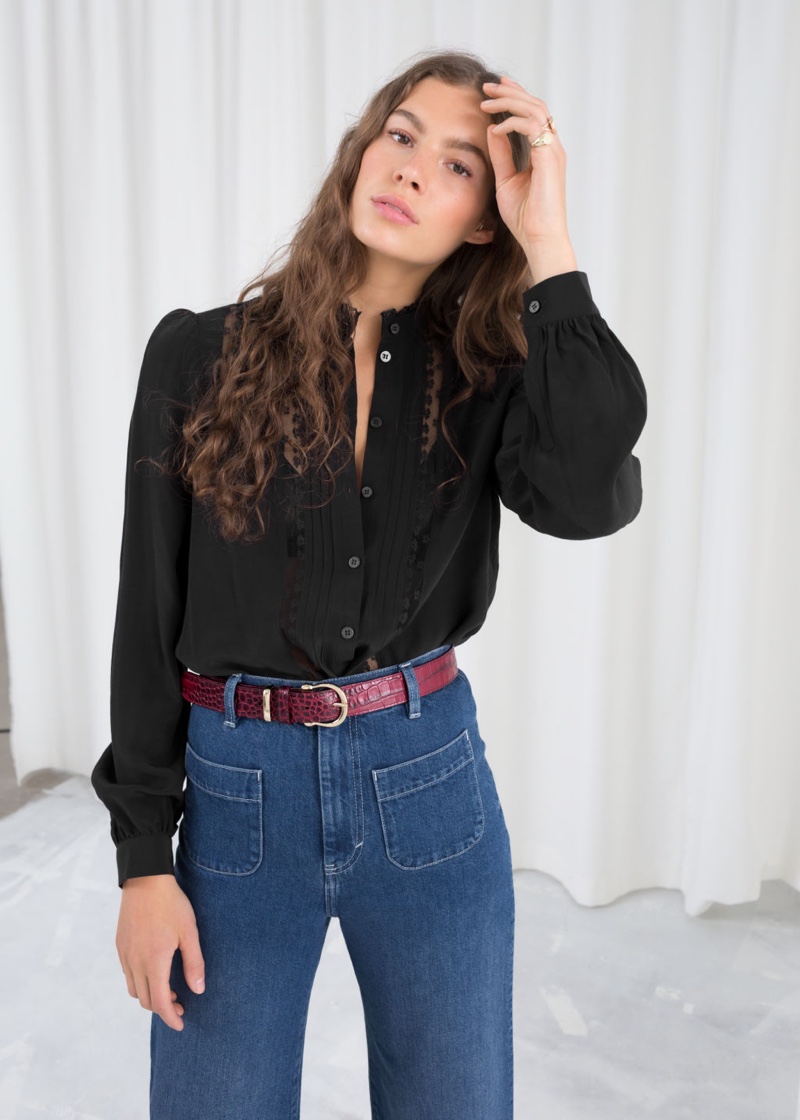 & Other Stories Lace Trim Blouse in Black $45