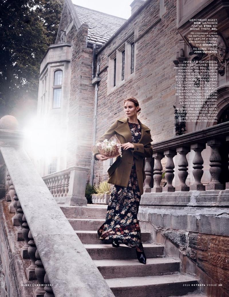 Natalia Daragan poses in Dior jacket with Etro maxi dress and AGL boots