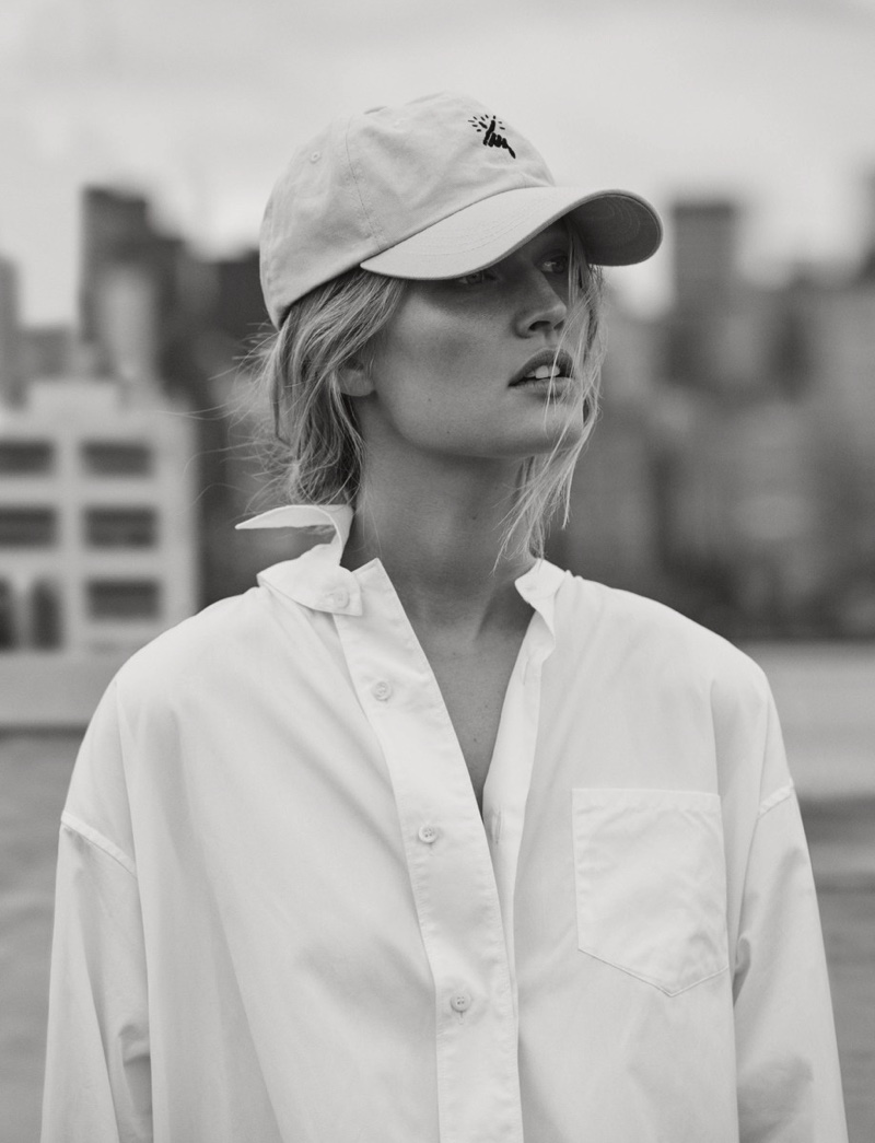 Model Toni Garrn wears menswear inspired looks for the editorial