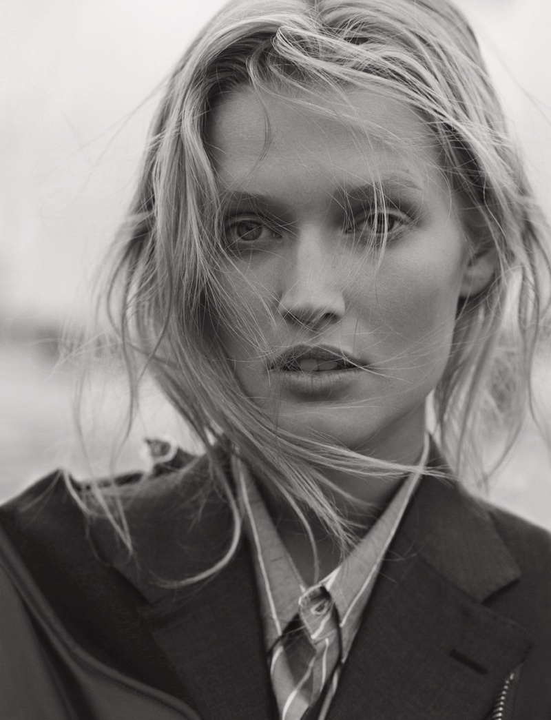 Getting her closeup, Toni Garrn wears a suit jacket with an undone hairstyle