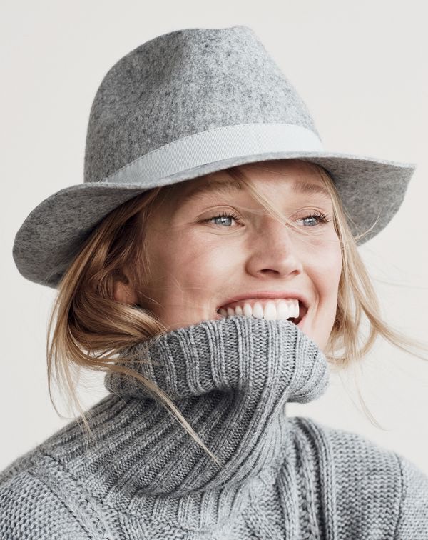 J. Crew Cambridge Cable Turtleneck Sweater in Heather Pewter and Short-Brimmed Hat
