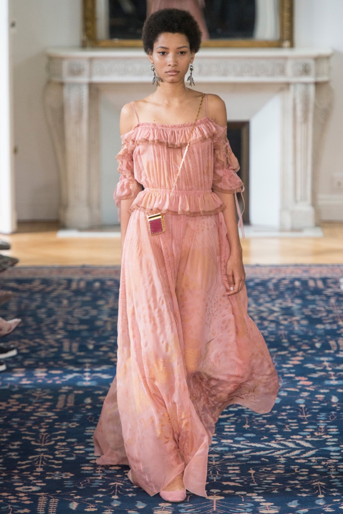 Valentino Spring 2017: Model walks the runway in pink off-the-shoulder dress with ruffles