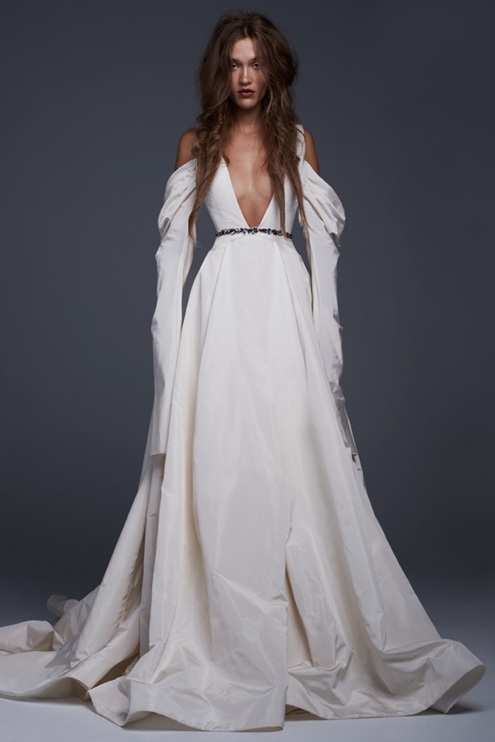 Vera Wang Bridal Fall 2017: Silk faille off-the-shoulder gown with plunging neckline