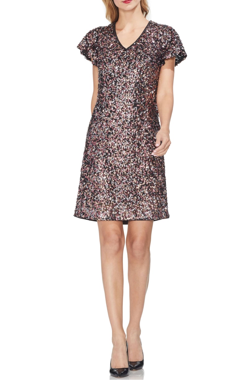 Vince Camuto Flutter Sleeve Multi Sequin Shift Dress $169