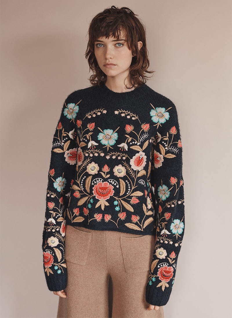 Zara Embroidered Sweater and Printed Palazzo Trousers