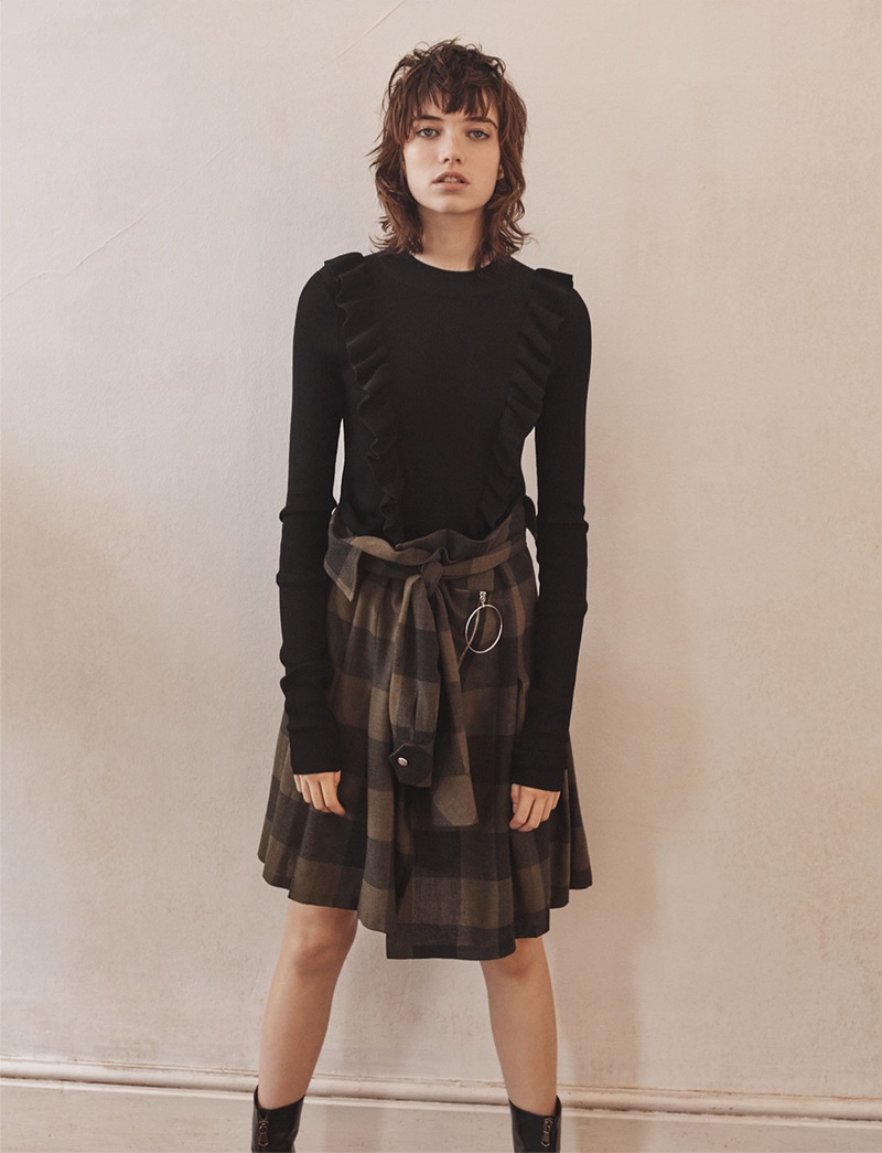 Zara Flounce Sweater, Plaid Skirt and Medium Heel Zipped Ankle Boots