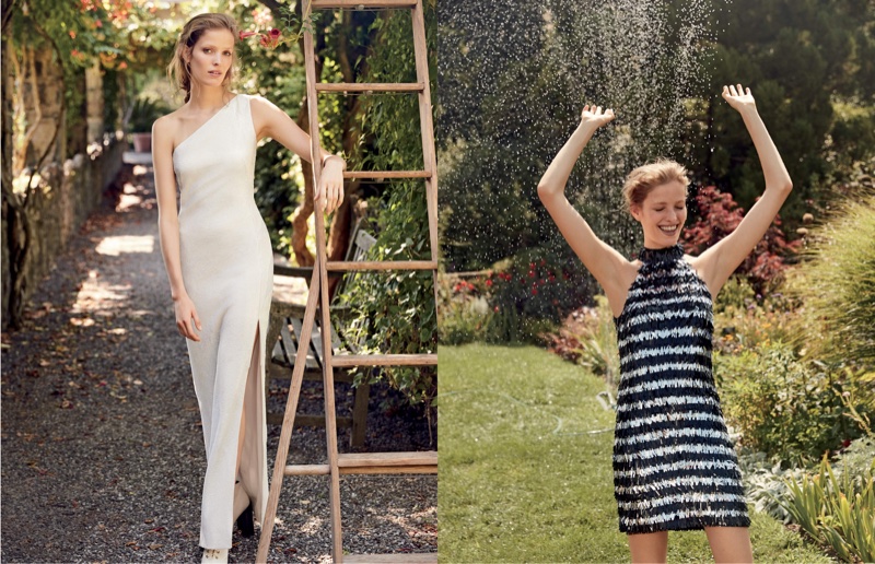 (Left) Akris One-Sleeve Gown (Right) Michael Kors Collection Fringe Striped Halter Mini Dress