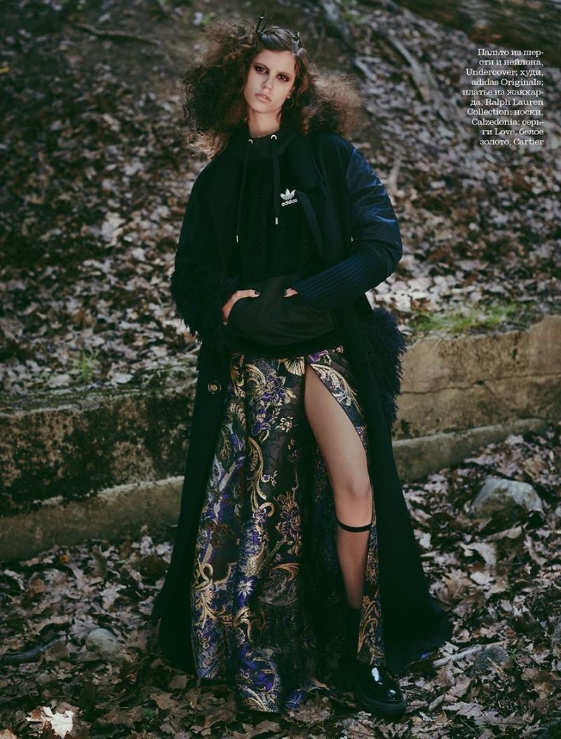 Captured outdoors, Antonina Petkovic models adidas hoodie over Ralph Lauren Collection gown