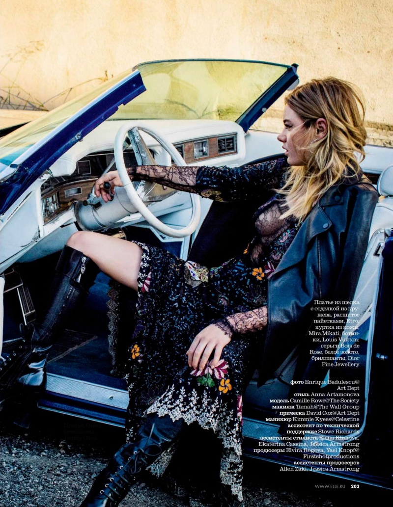 Camille Rowe takes a ride in Etro dress