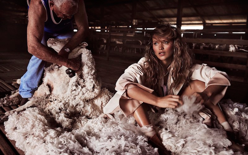 Posing next to lamb, Chloe wears an Ellery jacket and shirt with R.M. Williams boots