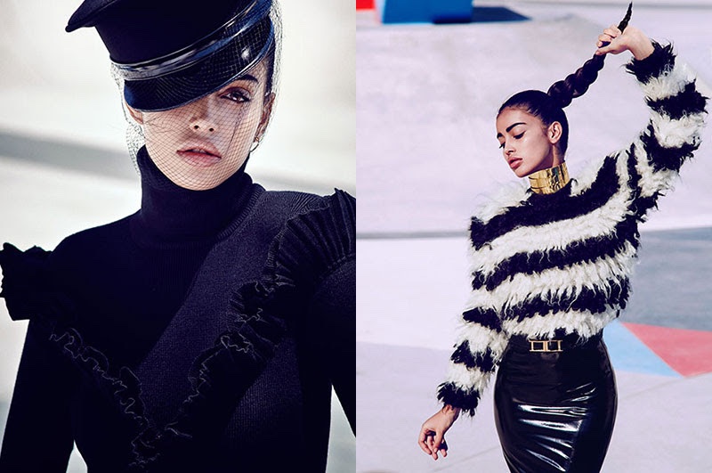 (Left) Cindy Kimberly wears Dior sweater with Pablo y Mayaya hat and Tiffany & Co. earrings (Right) The model poses in Max Mara sweater, Atsudo Suko skirt, Hermes belt and Marc Enrich choker