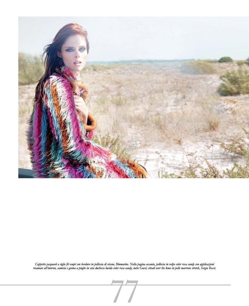 Embracing bold color, Coco Rocha wears Blumarine jacket 