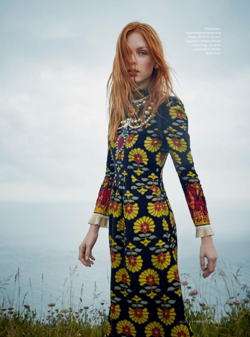 Model Dani Witt models Gucci jacquard dress and necklace