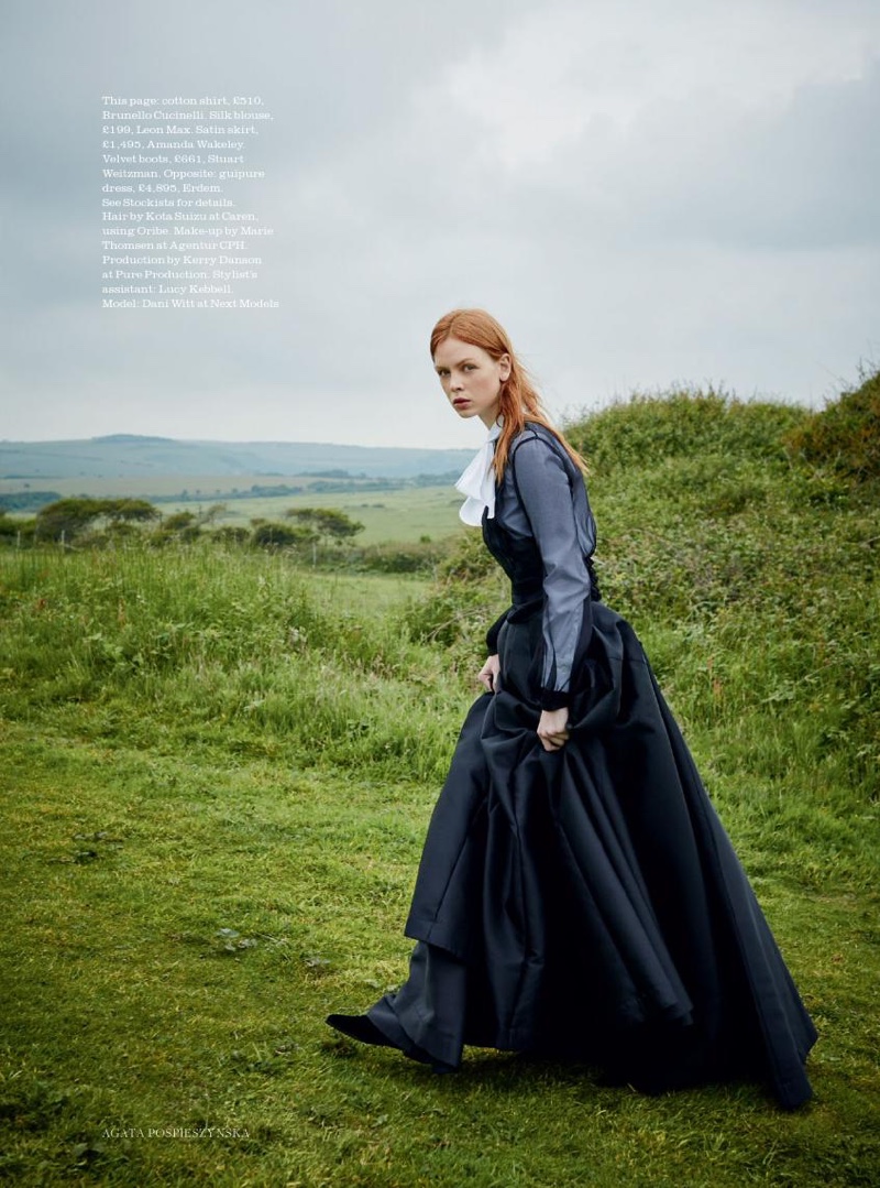 Channeling Victorian style, Dani Witt wears Brunello Cucinelli silk blouse with Leon Max satin skirt