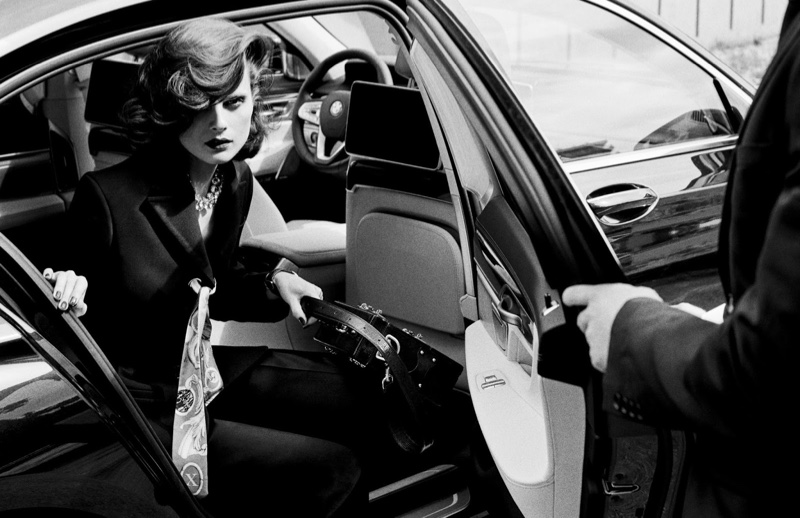 Model Elena Melnik looks sharp as she exits a town car