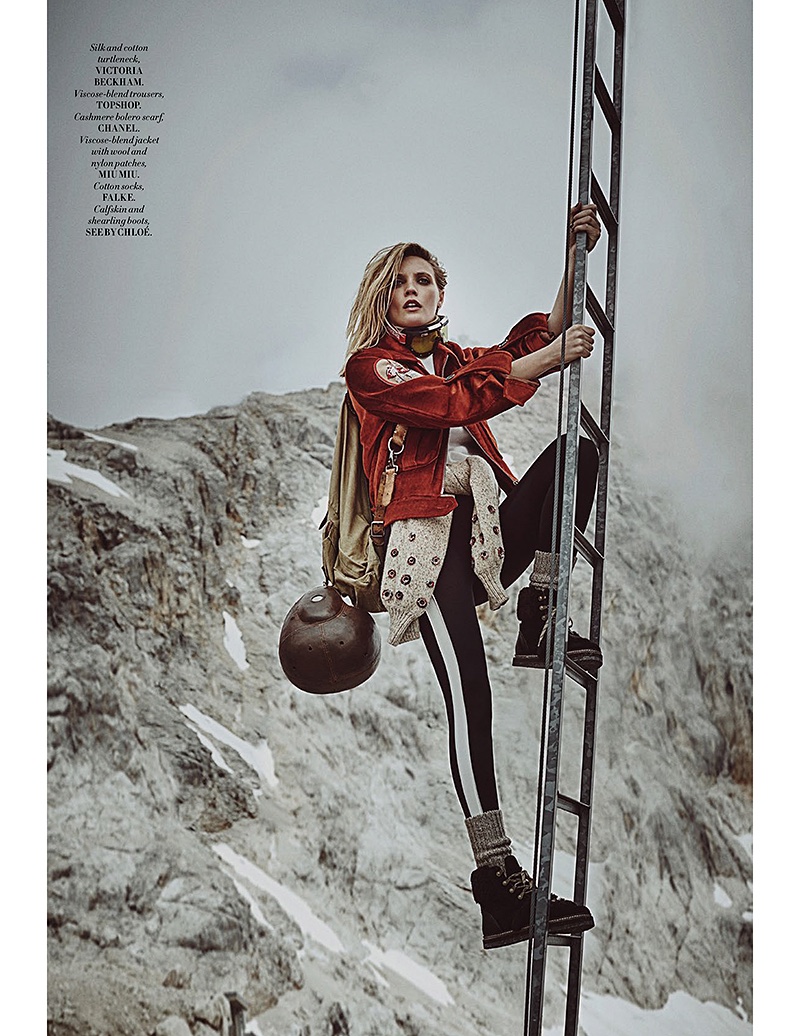 The model takes the climb in Victoria Beckham turtleneck, Topshop trousers, Chanel sweater and Miu Miu jacket with See by Chloe boots