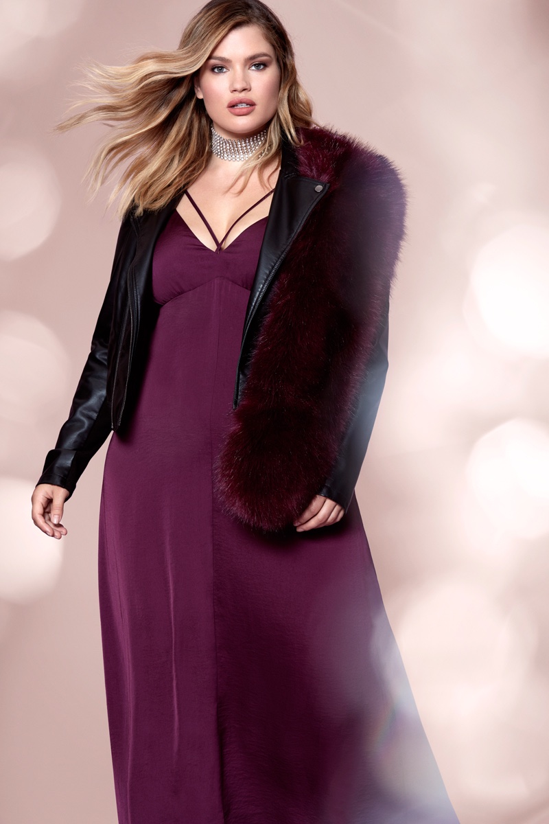 Tara Lynn poses in faux fur stole, leather jacket and maxi dress from Forever 21