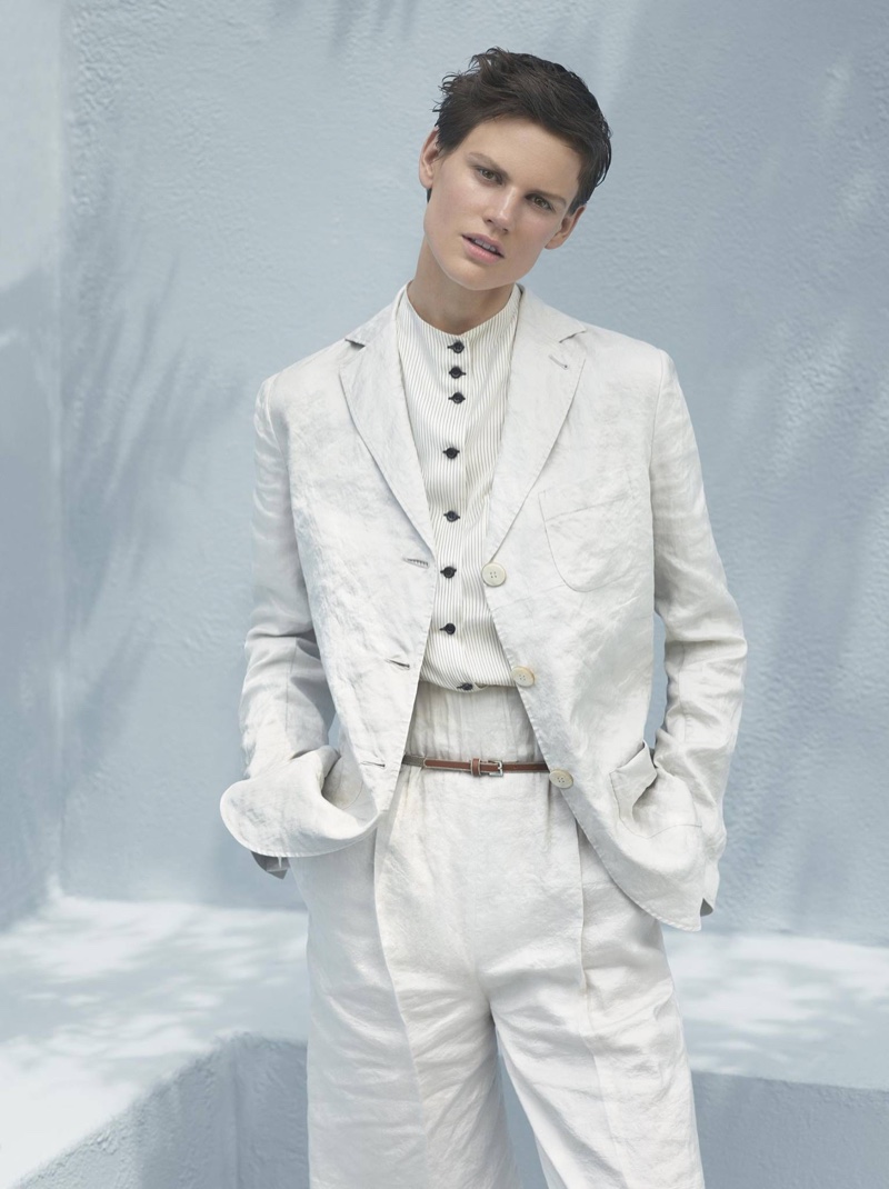 Suiting up, Saskia de Brauw wears all white in Giorgio Armani's resort 2017 campaign