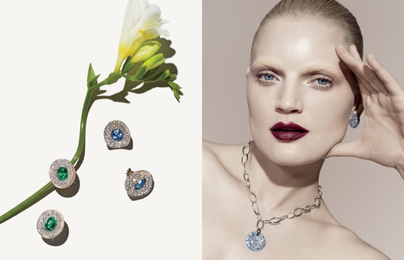 Guinevere Van Seenus models Pomellato earrings and necklace