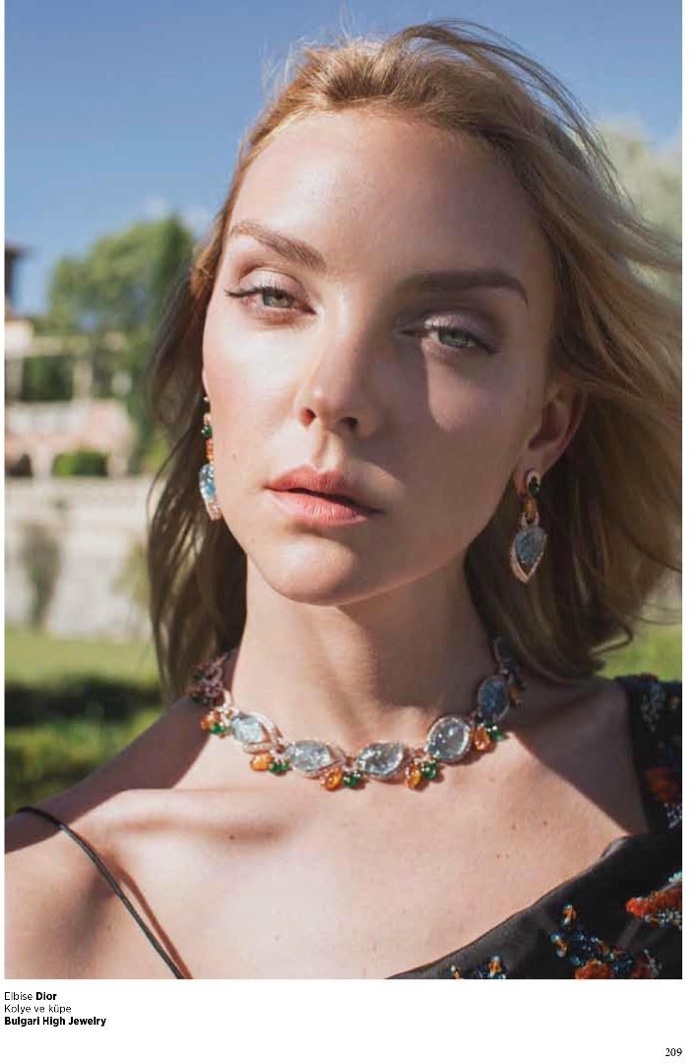 Heather Marks models Dior dress with Bulgari jewelry