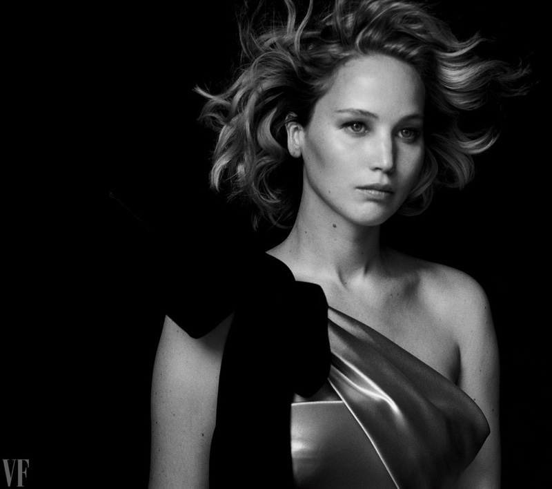 Jennifer Lawrence wears an off-the-shoulder gown from Armani Prive