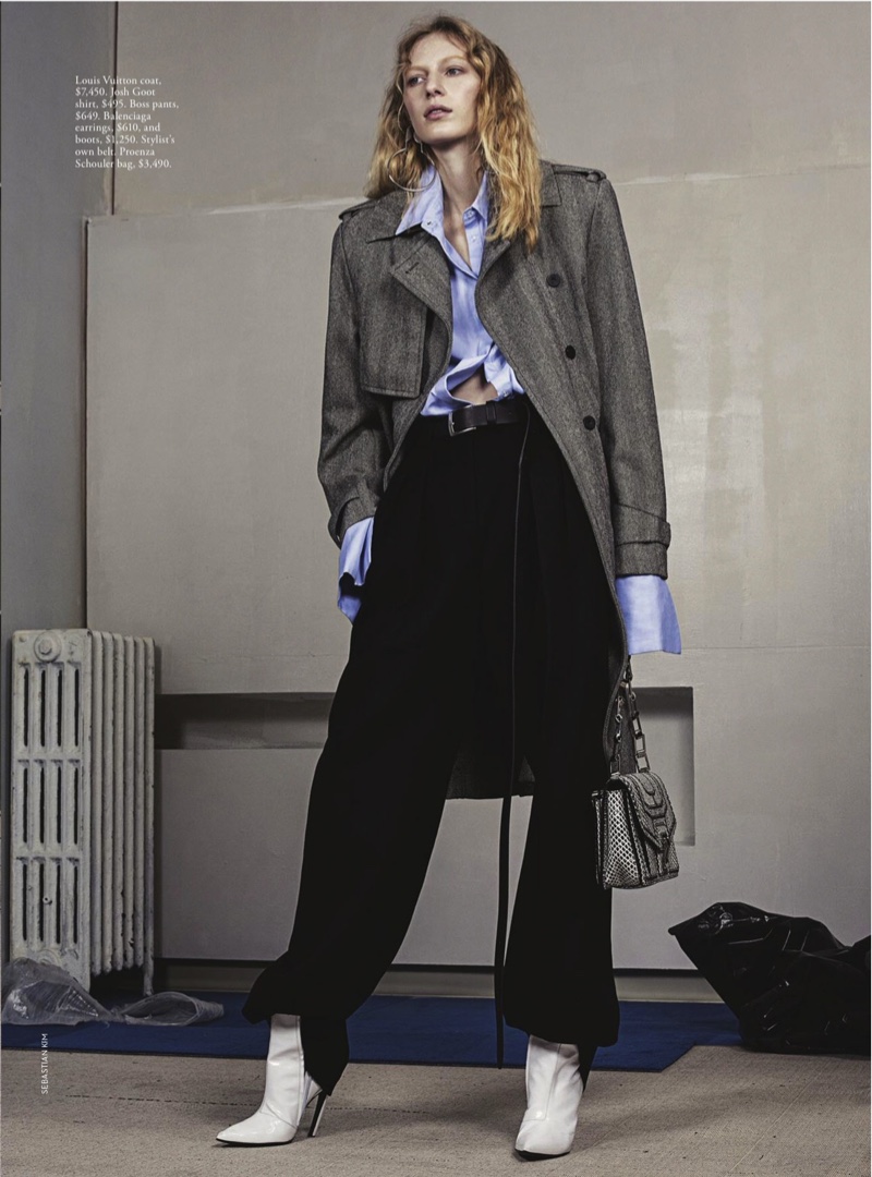Julia Nobis stands tall in Louis Vuitton coat, Josh Goot shirt and BOSS pants