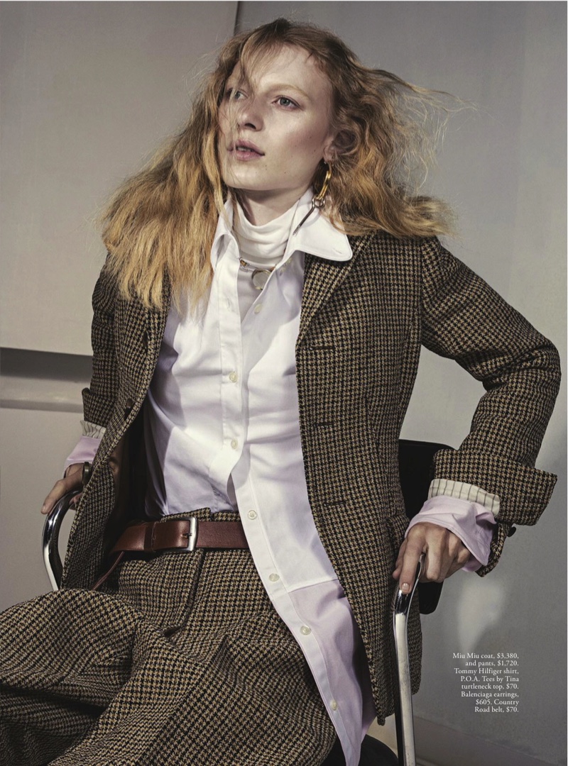 Suiting up, Julia Nobis poses in Max Mara coat and pants with Tommy Hilfiger shirt