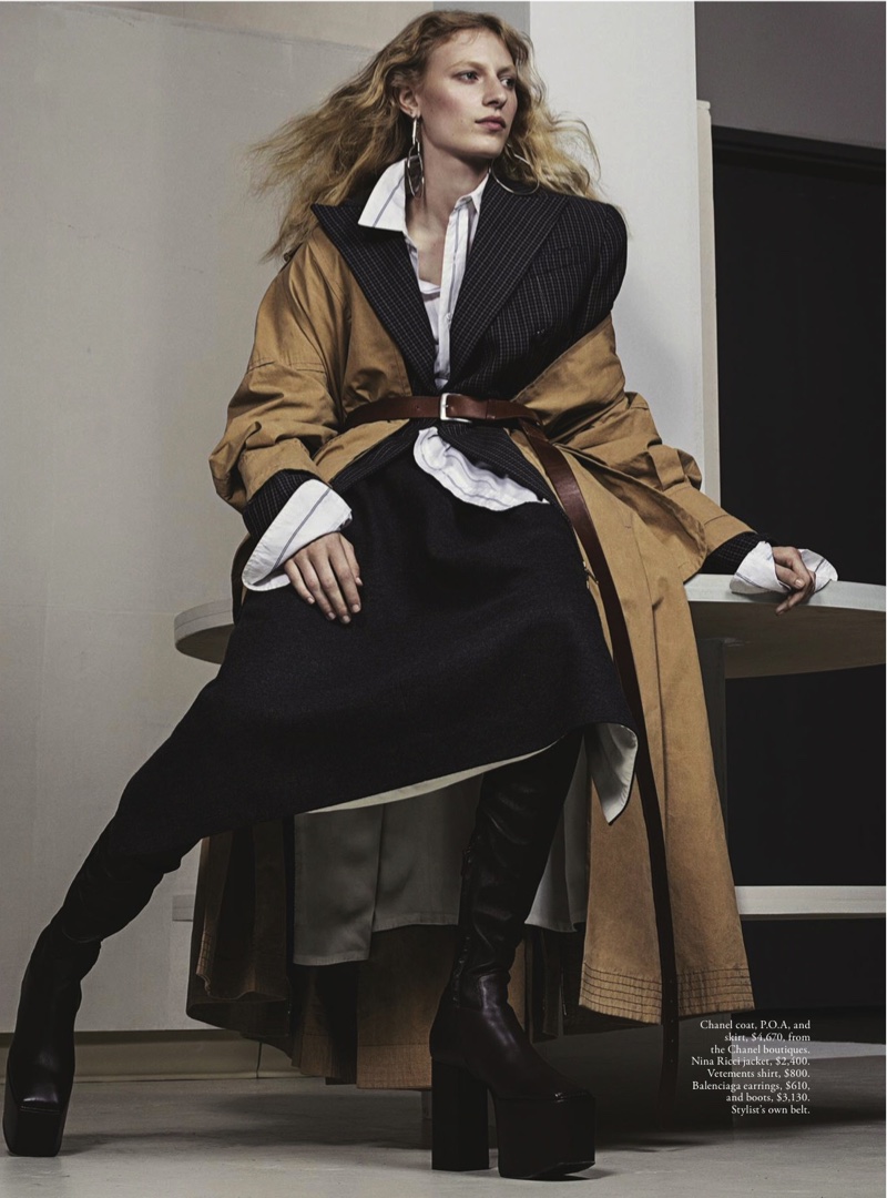 Ready for outerwear season, Julia Nobis wears Chanel coat and skirt with Nina Ricci jacket, Vetements shirt and Balenciaga boots
